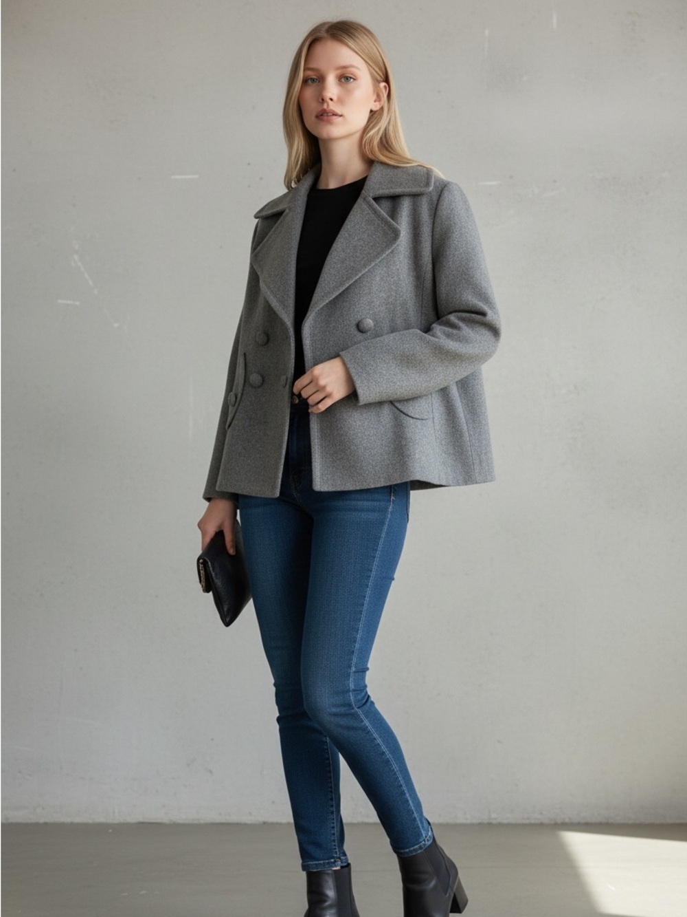 Chelsea & Theodore Grey Double Breast Cropped Peacoat 4 Wool Preppy Chic Winter